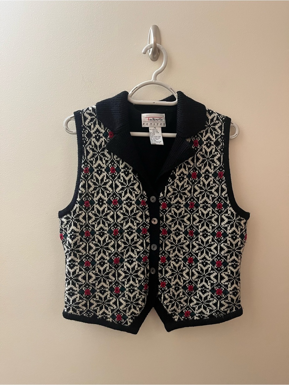 Talbots Petite Fair Isle Button-Front Sweater Vest in Black, Cream & Red